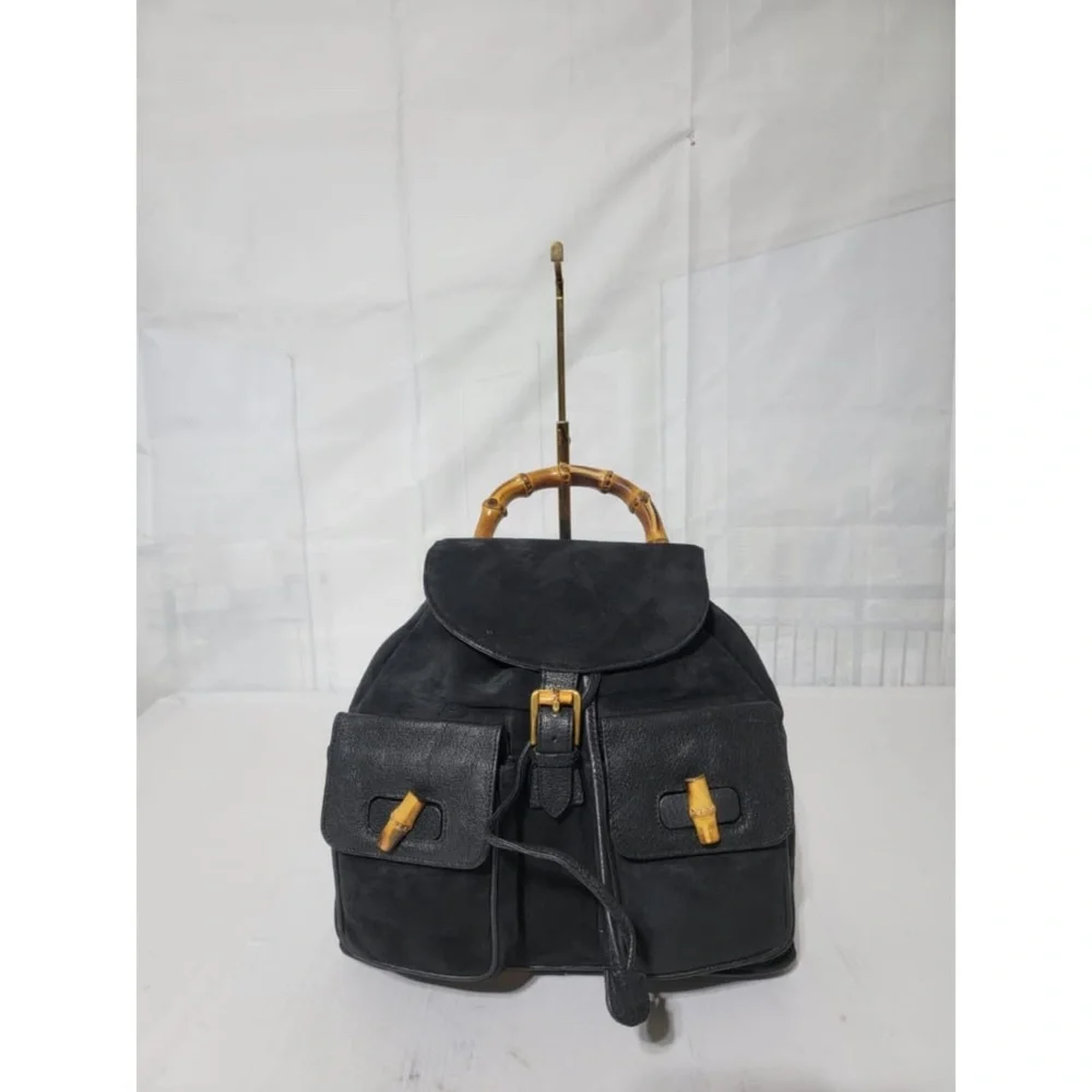 Authentic Gucci Vintage Suede & Leather Bamboo Backpack Black